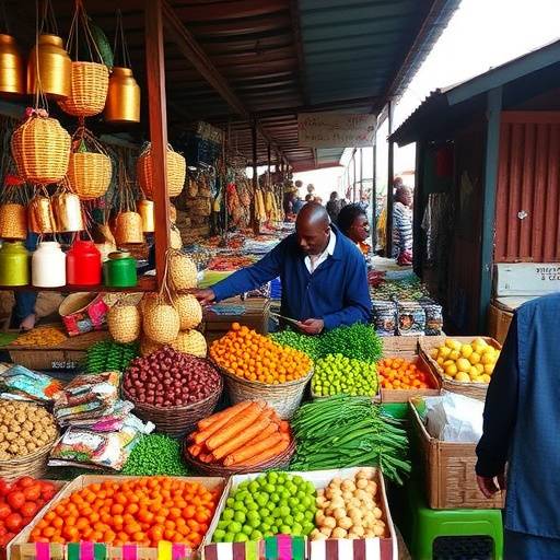 A bustling marketplace in Kampala, showcasing local produce and crafts, and representing the entrepreneurial spirit of Ugandans