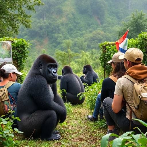 A group of tourists observing gorillas in their natural habitat during a gorilla trekking experience in Bwindi Impenetrable National Park