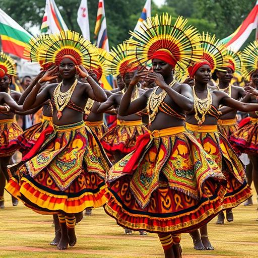 A group of Ugandan dancers performing a traditional dance