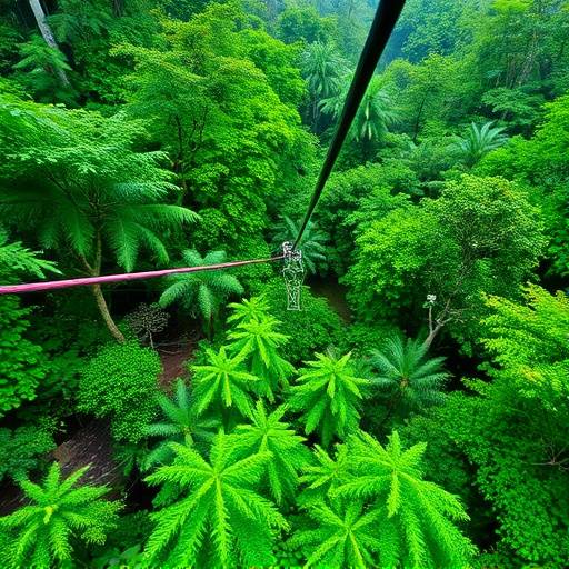 A person ziplining through a forest canopy, with lush greenery visible below