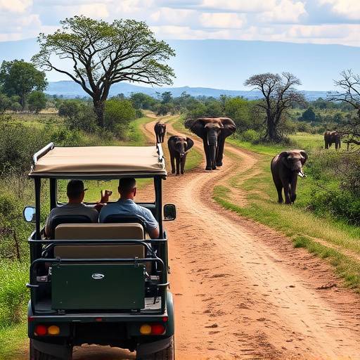 A safari jeep driving through the savannah in Queen Elizabeth National Park, with elephants visible in the distance