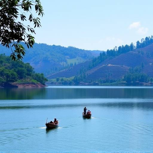 A scenic view of Lake Bunyonyi, with terraced hillsides and traditional boats dotting the water