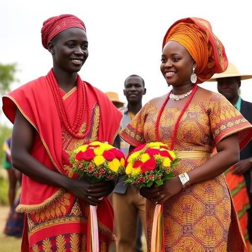 A traditional Ugandan wedding ceremony with elaborate attire