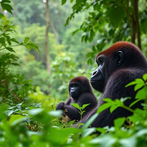 Bwindi Impenetrable National Park: Lush green forest landscape with a glimpse of gorillas in their natural habitat.
