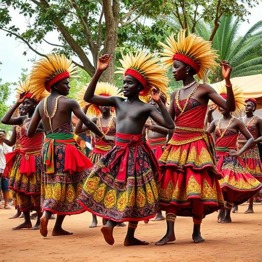 Cultural tourism experience: A vibrant scene of Ugandan locals performing traditional dances and music, showcasing the rich cultural heritage.
