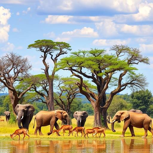 Queen Elizabeth National Park: A wide savannah landscape dotted with acacia trees, showcasing diverse wildlife including elephants, lions, and antelopes.